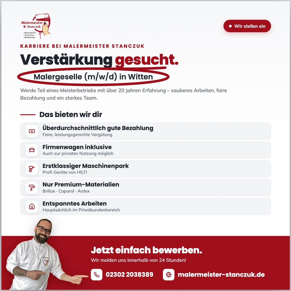 Karriere bei Malermeister Stanczuk Verstärkung gesucht.  Malergeselle/-in (m/w/d) in Witten  Werde Teil eines Meisterbetriebs mit über 20 Jahren Erfahrung – sauberes Arbeiten, faire Bezahlung und ein starkes Team.